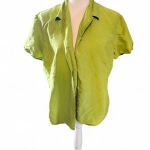 Vintage 100% Silk Lime Green Button Front Blouse – Short Sleeve – Boxy Fit